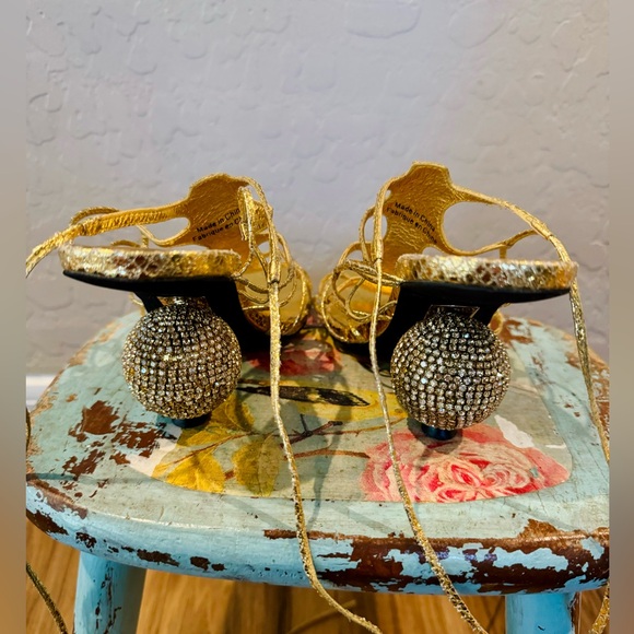 Jeffrey Campbell Le Freak Gold Metallic Tie up Sandal with Rhinestone Heel 6.5 - Picture 8 of 16